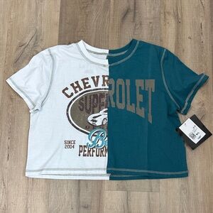 Forever 21 Teal and White Graphic Chevrolet GM Crop Top Size M/L nwt